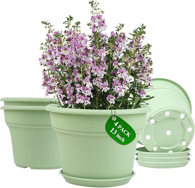 13 Inch Plastic-Flower-Pot-for-Indoor-Plants, 4 Pack Large Outdoor Planter Pot with Drainage Holes & Saucers, Resin Decorative Garden Pots Planters