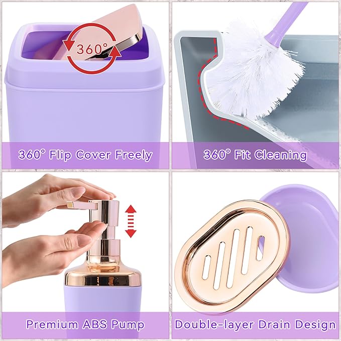 9-Piece Bathroom Accessories Set, Purple Bathroom Accessories Sets Complete with Trash Can,Tray,Soap Dispenser,Toothbrush Holder,Toothbrush Cup,Soap Dish,Toilet Brush and Q-tip Holders