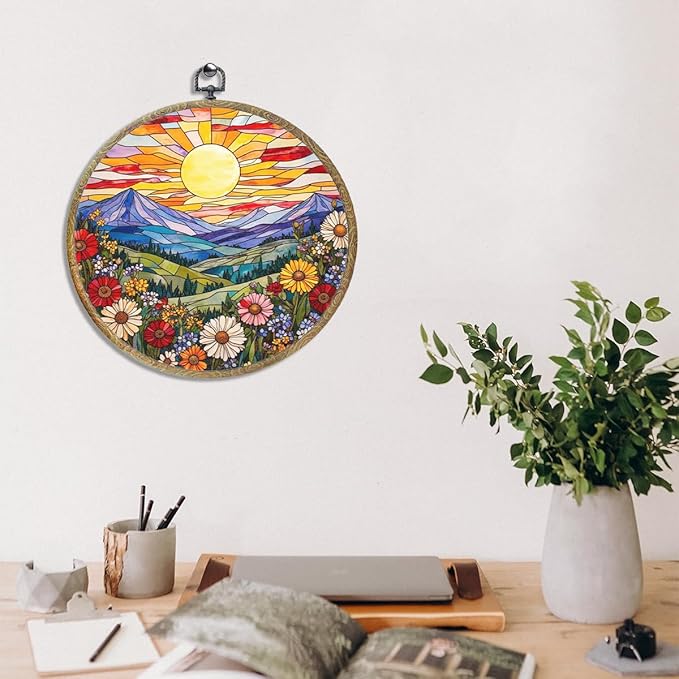 Wildflowers Sunset Flower Floral Garden Decor, Gift for Mom, Nature Lover Gift Framed Round Wall Decor Canvas Wall Art Hanging Prints Artwork for Home Living Room Office Decorations 10.2X10.2 Inch