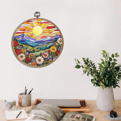 Wildflowers Sunset Flower Floral Garden Decor, Gift for Mom, Nature Lover Gift Framed Round Wall Decor Canvas Wall Art Hanging Prints Artwork for Home Living Room Office Decorations 10.2X10.2 Inch