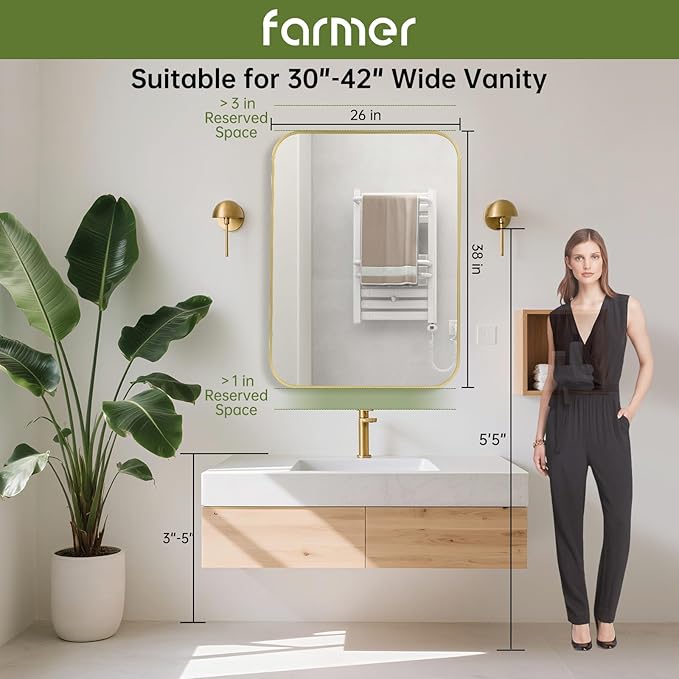 FARMER 26x38 Inch Gold Bathroom Mirror, Rectangle Vanity Mirror, Brushed Mirrors for Wall, Metal Frame Hanging Mirror with Round Corner for Bedrooms, Entryways, Living Rooms, Horizontal/Vertical