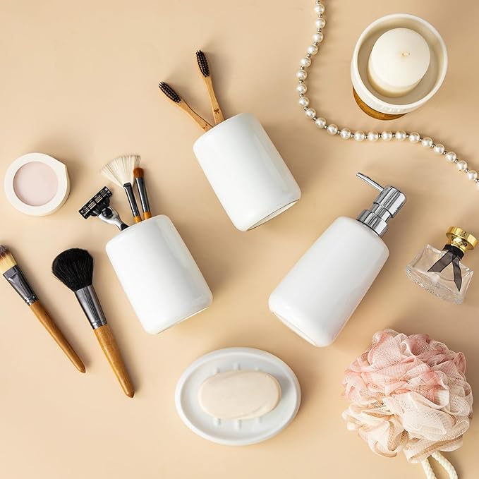 vancasso White Bathroom Accessories Set, Ceramic Soap Dispenser and Toothbrush Holder Sets, Stoneware 4 Pcs Bathroom Sink Set for Modern Home Decor