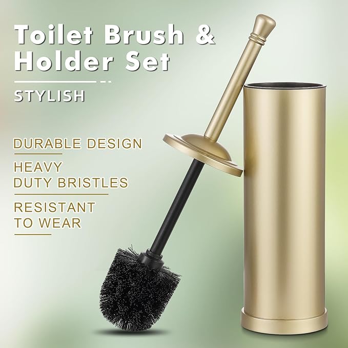 Stainless Steel 304 Toilet Brush and Holder,Toilet Bowl Brush with Long Handle for Bathroom,Toilet Cleaner Brush-Space,Saving,Covered Brush,Durable, Deep,Cleaning,Splash Resistant (Gold)
