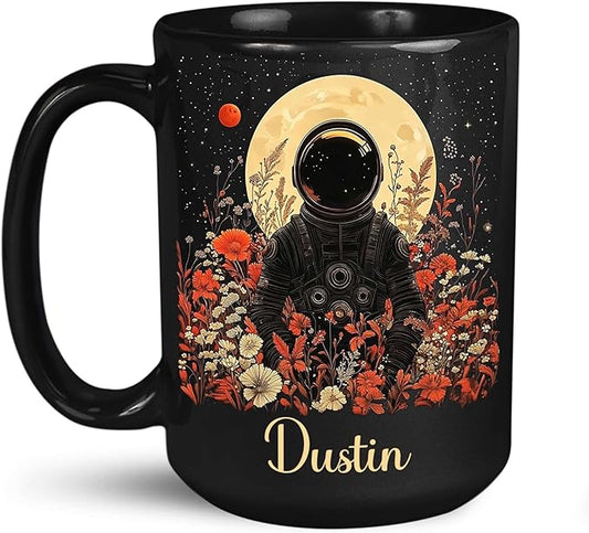 Astronaut with Moon and Wildflowers Coffee Mug, Custom Name Ceramic Cup 11oz 15oz, Unique Astronaut Coffee Cup for Friends, Personalized Astronomy Black Mug, Gifts for Birthday