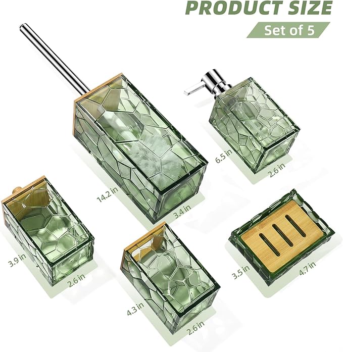 Sage Green Bathroom Accessories Set, Toothbrush Holder, Soap Dispenser, Cotton Swabs Holder, Soap Dish, Toilet Brush with Holder, Boho Bamboo Bathroom Decor,Acrylic (Green)