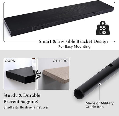 Axeman Floating Shelves, 8 Inch Deep Modern Solid Wood Wall Shelves for Storage, Wall Mounted Display Shelving with Invisible Heavy-Duty Metal Bracket, 36" W x 8" D x 1.6" H, Distressed Black