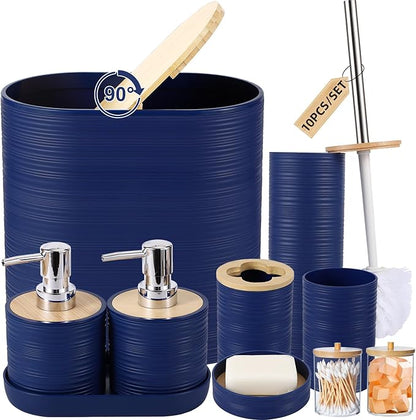 Blue Bathroom Set, Navy Blue Bathroom Accessories Set with Trash Can, 2PCS Soap Dispensers, Soap Dish, Toothbrush Holder, Toothbrush Cup,Toilet Brush, Tray and Qtip Holders for Bathroom Decor