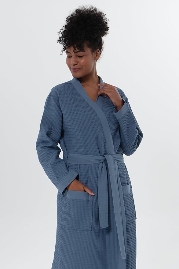Women’s Luxury Waffle Shawl Collar, Hooded Robe w Piping – Lightweight, Long, Ultra Soft Spa Sleepwear Bathrobe