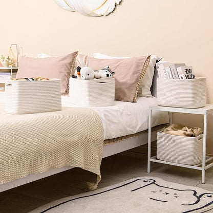 Storage Baskets for Organizing, Woven Basket for Storage, Storage Baskets Bin for Shelves, Cotton Rope Basket with Handles, 12.5"Lx9.1"Wx7.9"H, (4 Packs) Off White