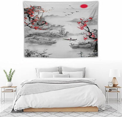 Cherry Blossoms Tapestry, Japanese Red Landscape Watercolor Abstract Art, Asian Japanese Wall Tapestry, Nature Landscape Tapestries for Bedroom Living Room Decor 40"x30"