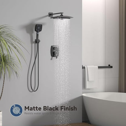 ELLO&ALLO Matte Black Bathroom Shower Faucet Set with Valve, Rainfall Shower Head with Handheld Combo