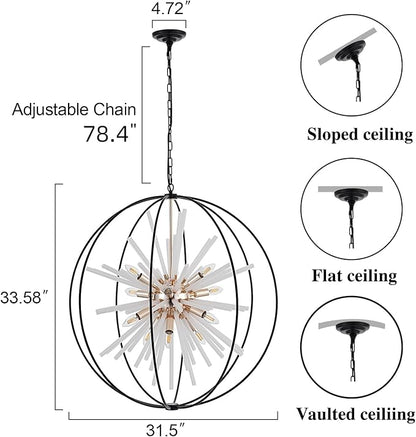 31.5" Black Gold 16-Light Globe Sputnik Chandelier Modern Industrial Adjustable Hanging Ceiling Pendant Light Fixture for Entryway Foyer Stairway Dining Living Room Hallway