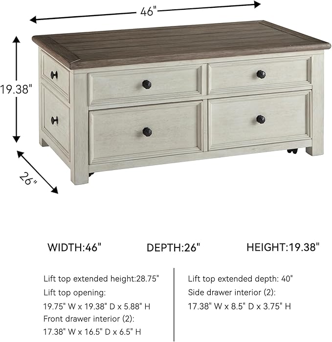 Signature Design by Ashley Bolanburg Farmhouse Lift Top Coffee Table with Drawers, Antique Cream & Brown