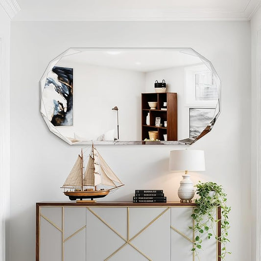Bathroom Mirror for Wall, 24" x 48" Oval Mirror, Bathroom Vanity Mirror, Beveled Edge Frameless Wall Mount Vanity Mirrors, Wall Mirrors Decorative, Irregular Beveled Edge Mirror