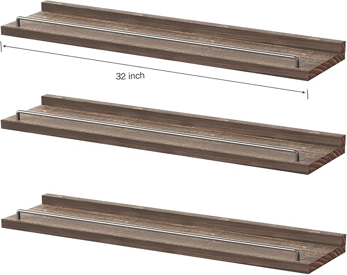 32 inches Long Floating Shelves, Bathroom Decor Shelves Over Toilet, Farmhouse Wall Shelves for Living Room, Bedroom, Picture Frames, Plants, Kitchen, Set of 3 (Brown)
