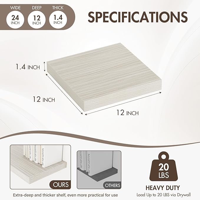 12 Inch Floating Shelves, 12" Deep Floating Shelf Wall Mounted, 12" Wall Shelves, Rustic Deep Bookshelf, Extra Deeper Display Shelves & Storage Shelves for Bedroom, Living Room, Set of 3