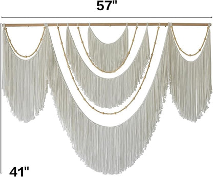 Flber Large Macrame Wall Hanging – Boho Yarn Art Garland with Tassels and Beads, Handmade Rope Decor for Nursery, Party, Wedding, Bedroom, Fireplace Mantel, or Photo Backdrop 57" W x 41" L