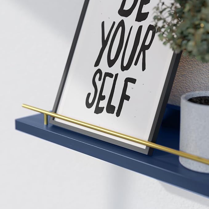 WOPITUES Floating Shelves with Gold Metal Guardrail, Shelves for Wall Decor Set of 3, Wall Shelves for Bedroom, Bathroom, Kitchen, Living Room, Plants, Picture Frames, Art- Gold in Navy Blue