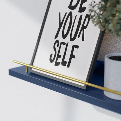WOPITUES Floating Shelves with Gold Metal Guardrail, Shelves for Wall Decor Set of 3, Wall Shelves for Bedroom, Bathroom, Kitchen, Living Room, Plants, Picture Frames, Art- Gold in Navy Blue