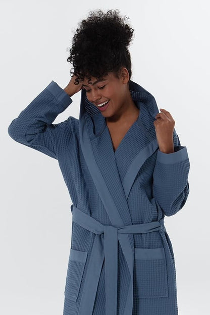 Women’s Luxury Waffle Shawl Collar, Hooded Robe w Piping – Lightweight, Long, Ultra Soft Spa Sleepwear Bathrobe