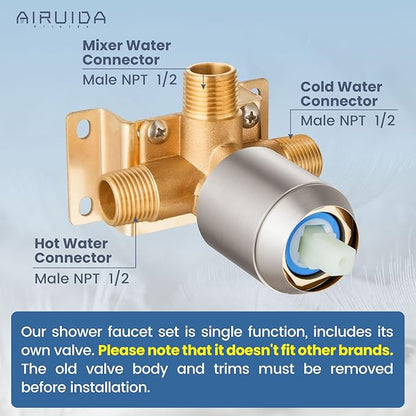 Airuida Shower Faucet Set Bathroom Rain Shower System SUS304 Stainless Steel Single Handle With Male Threads Rough-in Valve Shower Trim Kit 6 Inch Wall Mount Shower Head Brushed Nickel