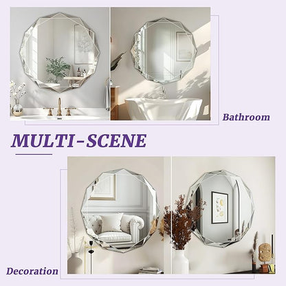 Bathroom Mirror for Wall, 24" x 24" Circle Bathroom Vanity Mirror, Beveled Edge Frameless Wall Mount Vanity Mirror, Decorative Round Irregular Beveled Edge