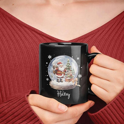 Custom Snow Ball Design Mug With Name, Personalized Black Cup 11oz 15oz, Snow Ball With Santa Claus And Christmas Tree Inside Design, Customized Christmas Themed Coffee Cup