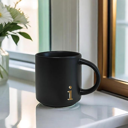 COLLECTIVE HOME - Black Monogram Ceramic Mugs, 15 oz Golden Initial Coffee Cups, Elegant Alphabet Tea Mugs, Personalized Halloween Mug with Gift Box, Perfect for Office and Home Décor (i)