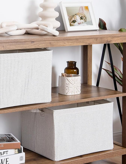 StorageWorks Storage Bins, Fabric Storage Bins for Shelves, Large Storage Baskets with Metal Frame, Closet Baskets and Bins with Handles, Gray and White Stripes, 2-Pack