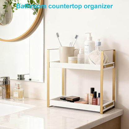 Bathroom Counter Organizer with Basket, Wooden Sink Shelf for Vanity Storage, Storage Organizers for Bathroom, Kitchen, Dresser (Gold - White)