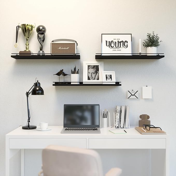 WOPITUES Floating Shelves 24 inch with Gold Metal Guardrail, Shelves for Wall Decor Set of 3, Wall Shelves for Bedroom, Bathroom, Kitchen, Living Room, Plants, Picture Frames, Art- Black