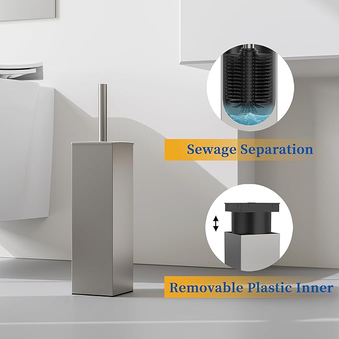RUACQ Toilet Brush and Holder Set,Square Toilet Bowl Brush for Bathroom with 304 Stainless Steel Handle Toilet Cleaner Brush with Durable Scrubbing Bristles,Splash-Proof (Brushed Nickel)