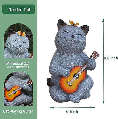 Cat Garden Statue Outdoor Decor, Cat Sculpture with Guitar and Butterfly for Yard Lawn Patio Balcony, Birthday Housewarming Gifts for Mom, Grandma, Women, 8.8 inch, Resin