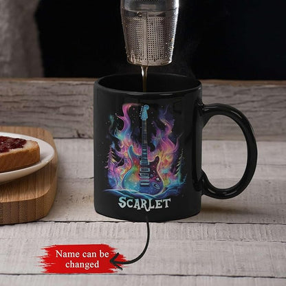 Personalized Electric Guitar Mug 11oz 15oz, Custom Choose Name Coffee Cup, Customized Rock Music Themed Black Mug, Gift For Musicians, Electric Guitar Ceramic Cup With Cosmic Design