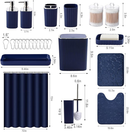 Bathroom Set with Shower Curtain and Rugs- 25PC Bathroom Accessory Set, Navy Blue Shower Curtain Set, Toilet Brush, Trash Can, Qtip Holder Dispenser & Soap Dispenser