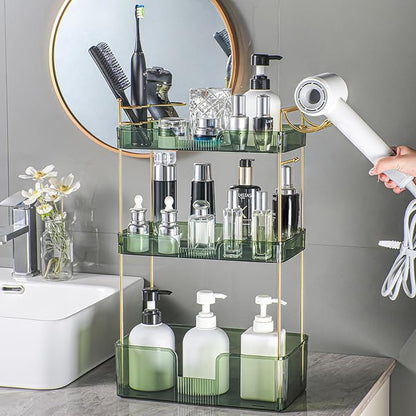 Bathroom Counter Organizer with Hair Dryer Holder, Hair Tool Countertop Storage, Cosmetics Skincare Shelf Organizer, Makeup Organizer Perfume for Dresser Vanity Tray(3 Tier-Green)