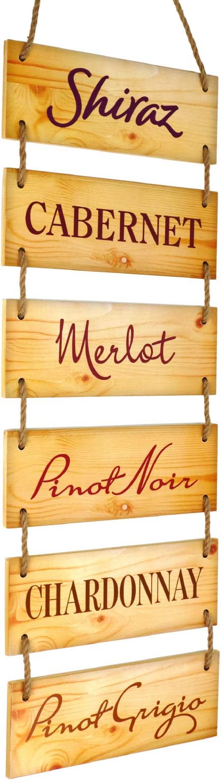 EXCELLO GLOBAL PRODUCTS Large Hanging Wall Sign: Rustic Wooden Decor (Shiraz, Cabernet, Merlot, Pinot Noir, Chardonnay, Pinot Grigio) Hanging Wood Wall Decoration (11.75" x 32")