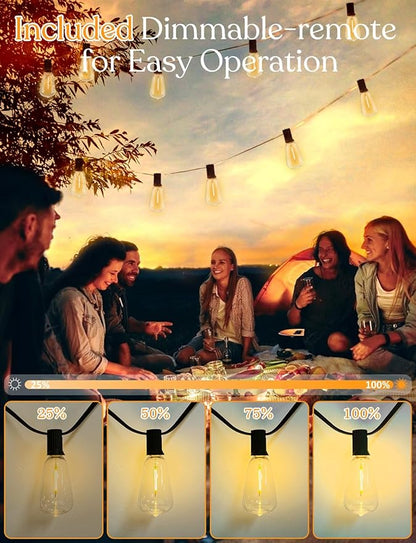 50 FT Outdoor String Lights - LED Waterproof Patio Lights with Dimmer Remote - Edison Bulbs for Porch, Backyard & Cafe/Bistro