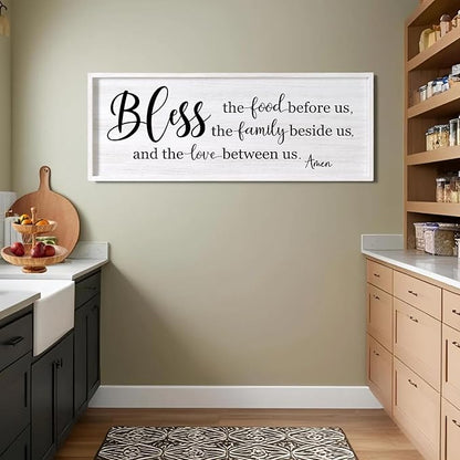 Bless the Food Before Us, the Family Beside Us, and the Love between us Framed Wall Art for Dining Room, 40''×15'' Holy Positive Religious Rustic Bible Verse for Christian God Jesus Christ Prayer