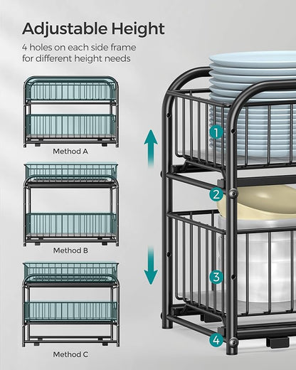 SONGMICS 4-Tier Pull Out Cabinet Organizers, Under Sink Organizer, Bathroom Organizer and Storage, Sliding Basket Drawers, Stackable for Kitchen, Bathroom, Ink Black UKCS017B02
