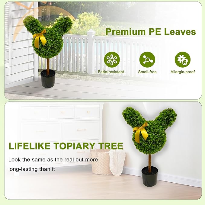 2 Pcs Artificial Bunny Shaped Topiary Trees, Artificial Green Boxwood Bunny Decorations with Gold Bow, Perfect for Indoor & Outdoor Front Porch, Easter& Garden Decor (Bunny Shaped Topiary Tree)
