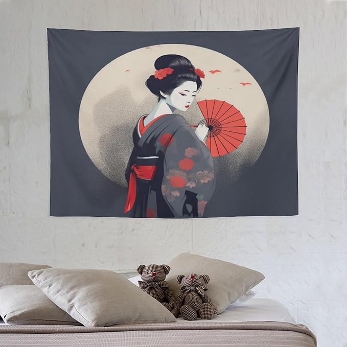 Japanese Woman Geisha Tapestry Asian Red Cherry Blossom Red Sun Traditional Kimono Folk Tapestries Home Decor for Living Room Bedroom Apartment Farmhouse Dorm 40"x30"