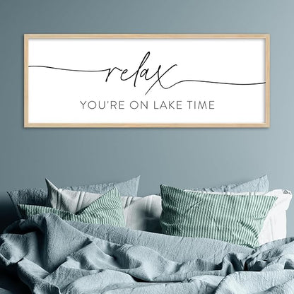 SRSZHIYUE Relax You're On Lake Time Wall Decor Above Bed Sign 32"×12" for Lake House Bedroom Over Bed Large Wood Framed Hanging Art (Wood)