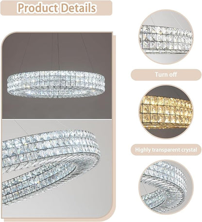 Dia 24" Modern Crystal Chandelier Black Ring Chandelier Adjustable Height Luxury Crystal Pendant Ceiling Light Fixture for Dining Living Room Bedroom