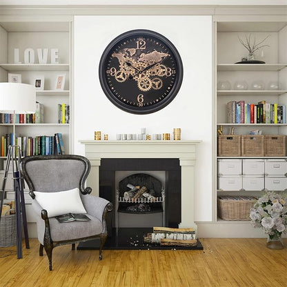 CLXEAST 24 Inch Moving Gear Wall Clock with World Map Pattern,Large Black Gold Metal Wall Clock for Modern Farmhouse Living Room Decor,Reloj De Pared para Sala