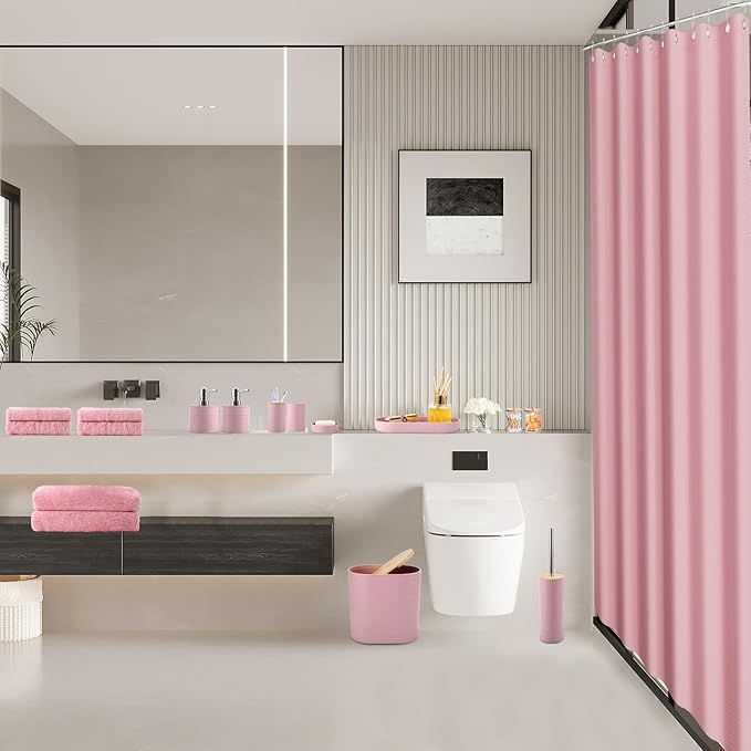 Pink Bathroom Accessories Set, Bathroom Sets with Shower Curtain, Bath Towel Set, Pink Shower Curtain Set with Bathroom Trash Can, Soap Dispenser, Soap Dish for Home Decor