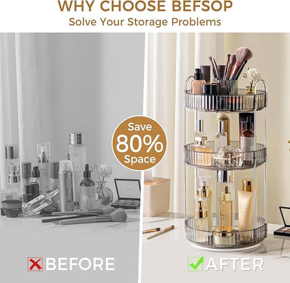 360° Rotating Makeup Organizer, Upgraded 3 Tier Skincare Perfume Organizers for Women, Bathroom Organizer Countertop, Clear Cosmetic Dresser Organizer with Makeup Brush Holder, Sink&Counter(Grey)