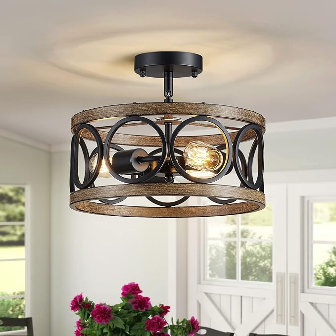 XINGQI Black Ceiling Light Adjustable Height Chandelier Modern Farmhouse Pendant Lighting Fixture Wood Grain Metal 13" Rustic Round Lights for Dining Room Kitchen Bedroom Entryway