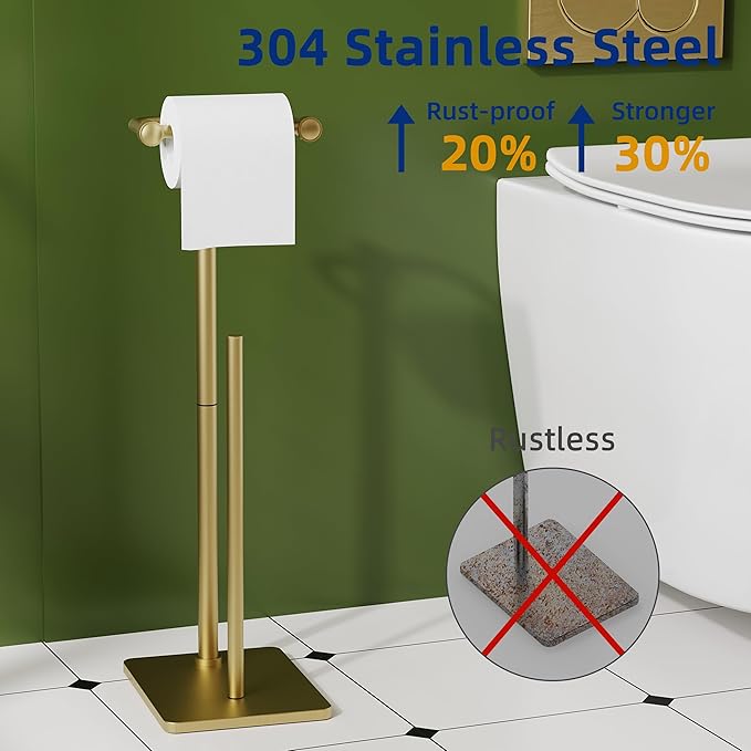 RUACQ Toilet Paper Holder Stand, Bathroom Toilet Paper roll Holder Free Standing with Storage for 4 Rolls, Post Pivoting Design, Stable Weighted Base, SUS304 Stainless Steel (Brushed Gold)