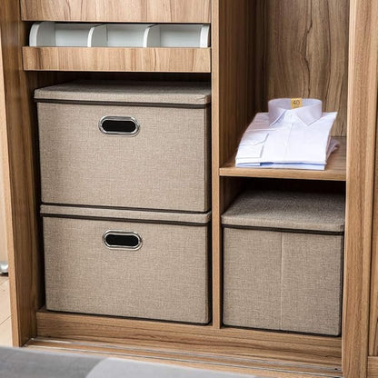 PRANDOM Large Collapsible Storage Baskets with Lids [5-Pack] Jute Fabric Foldable Storage Bins Boxes Organizer Containers Cube with Cover for Home Bedroom Closet Office Nursery (17.7x11.8x11.8)